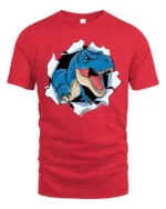 Scary Blue T-Rex Dinosaur Breaking Through Graphic Tshirt - red t-shirt on white background