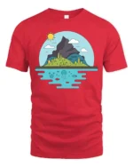 Scenic Mountain Island and Deep Sea Life Graphic Soft Tee - red t-shirt on white background