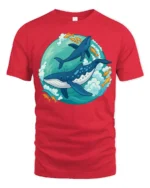 Playful Whale Dolphin Ocean Adventure Cartoon Style Tshirt - red t-shirt on white background