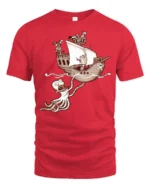 Funny Kraken Attack Pirate Ship Adventure Graphic Tshirt - red t-shirt on white background