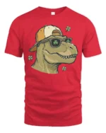 Cool St Patrick’s Day T-Rex Clover Sunglasses Soft Tee - red t-shirt on white background