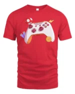 Retro Video Game Controller with Power-Up Mushroom Soft Tee - red t-shirt on white background