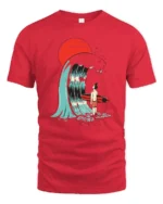 Surreal Surfer Sunset Giant Wave Graphic Soft Tshirt - red t-shirt on white background