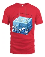 Surreal Ocean Cube Wave Cartoon Deep Sea Artistic T Shirt - red t-shirt on white background