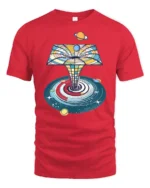 Cosmic Portal Galaxy Planets Retro Space Art Graphic T Shirt - red t-shirt on white background
