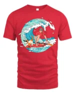 Funny Surfing Dog and Boy Summer Adventure Graphic T-shirt - red t-shirt on white background