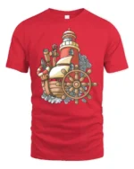 Vintage Nautical Ship Lighthouse Adventure Graphic Tshirt - red t-shirt on white background
