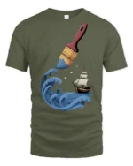 Creative Ocean Paint Brush Wave Ship Artistic Graphic T Shirt - military green t-shirt on white background
