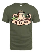 Cool Octopus Surfer with Hat and Pipe Funny Graphic Tee - military green t-shirt on white background
