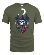 Cool Skeleton Wizard Magic Moon Night Graphic Soft Tshirt - military green t-shirt on white background