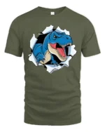 Scary Blue T-Rex Dinosaur Breaking Through Graphic Tshirt - military green t-shirt on white background