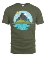 Scenic Mountain Island and Deep Sea Life Graphic Soft Tee - military green t-shirt on white background