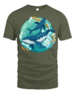 Playful Whale Dolphin Ocean Adventure Cartoon Style Tshirt - military green t-shirt on white background