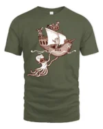 Funny Kraken Attack Pirate Ship Adventure Graphic Tshirt - military green t-shirt on white background