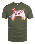 Retro Video Game Controller with Power-Up Mushroom Soft Tee - military green t-shirt on white background