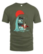 Surreal Surfer Sunset Giant Wave Graphic Soft Tshirt - military green t-shirt on white background