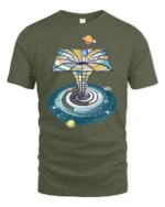 Cosmic Portal Galaxy Planets Retro Space Art Graphic T Shirt - military green t-shirt on white background