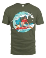 Funny Surfing Dog and Boy Summer Adventure Graphic T-shirt - military green t-shirt on white background