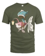 Unique Fish Taxi Driver Fantasy Art Graphic Tshirt - military green t-shirt on white background