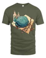 Whimsical Garden Turtle and Botanical Glass Vials Tshirt - military green t-shirt on white background