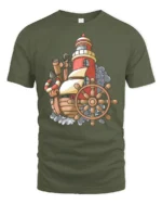 Vintage Nautical Ship Lighthouse Adventure Graphic Tshirt - military green t-shirt on white background