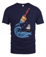 Creative Ocean Paint Brush Wave Ship Artistic Graphic T Shirt - navy t-shirt on white background