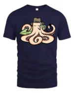 Cool Octopus Surfer with Hat and Pipe Funny Graphic Tee - navy t-shirt on white background