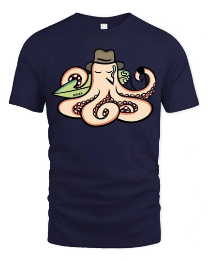 Cool Octopus Surfer with Hat and Pipe Funny Graphic Tee - navy t-shirt on white background