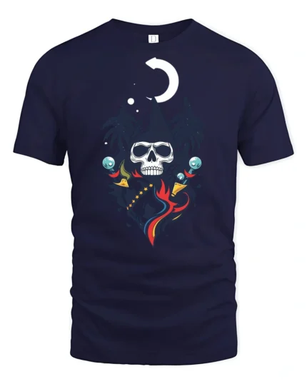 Cool Skeleton Wizard Magic Moon Night Graphic Soft Tshirt - navy t-shirt on white background