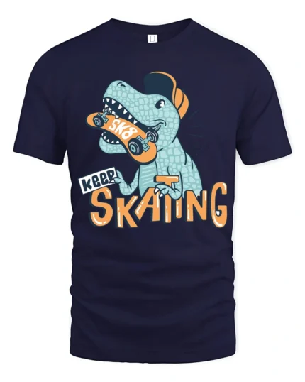 Funny Dinosaur Skater Keep Skating Graphic Soft Tshirt - navy t-shirt on white background