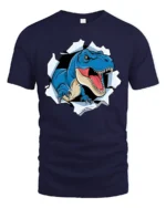 Scary Blue T-Rex Dinosaur Breaking Through Graphic Tshirt - navy t-shirt on white background