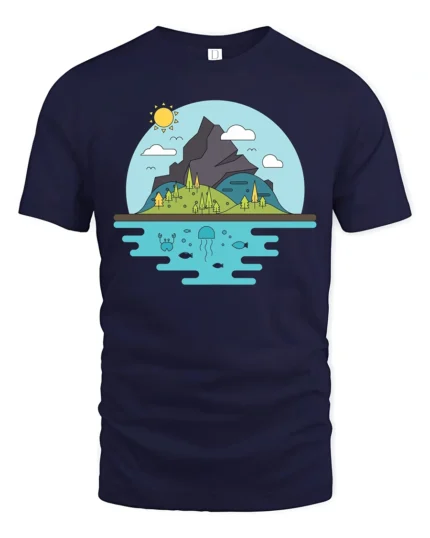 Scenic Mountain Island and Deep Sea Life Graphic Soft Tee - navy t-shirt on white background