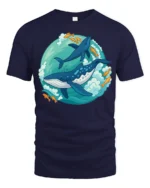 Playful Whale Dolphin Ocean Adventure Cartoon Style Tshirt - navy t-shirt on white background