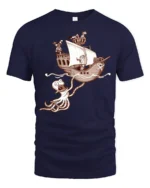 Funny Kraken Attack Pirate Ship Adventure Graphic Tshirt - navy t-shirt on white background