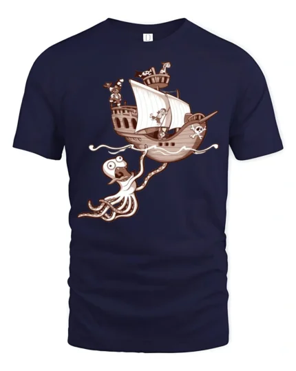 Funny Kraken Attack Pirate Ship Adventure Graphic Tshirt - navy t-shirt on white background