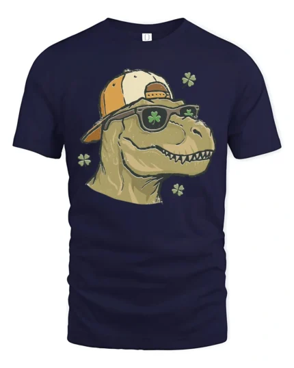 Cool St Patrick’s Day T-Rex Clover Sunglasses Soft Tee - navy t-shirt on white background