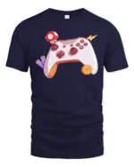 Retro Video Game Controller with Power-Up Mushroom Soft Tee - navy t-shirt on white background