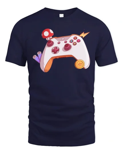 Retro Video Game Controller with Power-Up Mushroom Soft Tee - navy t-shirt on white background