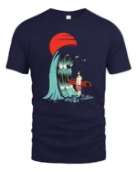 Surreal Surfer Sunset Giant Wave Graphic Soft Tshirt - navy t-shirt on white background