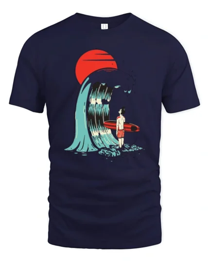 Surreal Surfer Sunset Giant Wave Graphic Soft Tshirt - navy t-shirt on white background