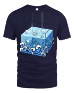 Surreal Ocean Cube Wave Cartoon Deep Sea Artistic T Shirt - navy t-shirt on white background