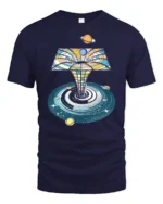 Cosmic Portal Galaxy Planets Retro Space Art Graphic T Shirt - navy t-shirt on white background