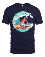 Funny Surfing Dog and Boy Summer Adventure Graphic T-shirt - navy t-shirt on white background