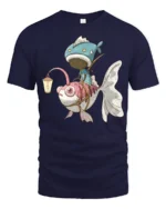 Unique Fish Taxi Driver Fantasy Art Graphic Tshirt - navy t-shirt on white background