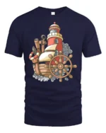 Vintage Nautical Ship Lighthouse Adventure Graphic Tshirt - navy t-shirt on white background