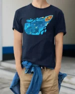 Deep Blue Whale Ocean Rowing Boat Adventure Graphic Tshirt - model wearing navy tee with hands in pockets