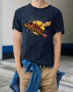 Funny Fishing Lure Angry Fish Hook Graphic Soft T-shirt - model wearing navy tee with hands in pockets