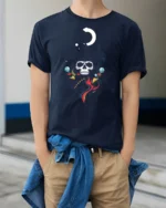 Cool Skeleton Wizard Magic Moon Night Graphic Soft Tshirt - model wearing navy tee with hands in pockets