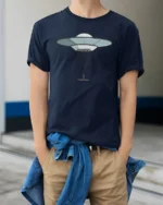 Cool Alien Abduction UFO Flying Saucer Graphic Soft Tshirt - model wearing navy tee with hands in pockets