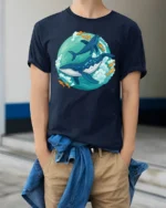 Playful Whale Dolphin Ocean Adventure Cartoon Style Tshirt - model wearing navy tee with hands in pockets
